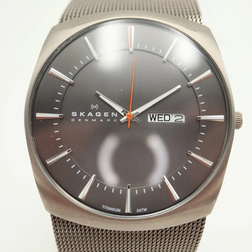 Skagen Denmark Mens 40mm Titanium Day Date Watch Mesh Bracelet w New Battery